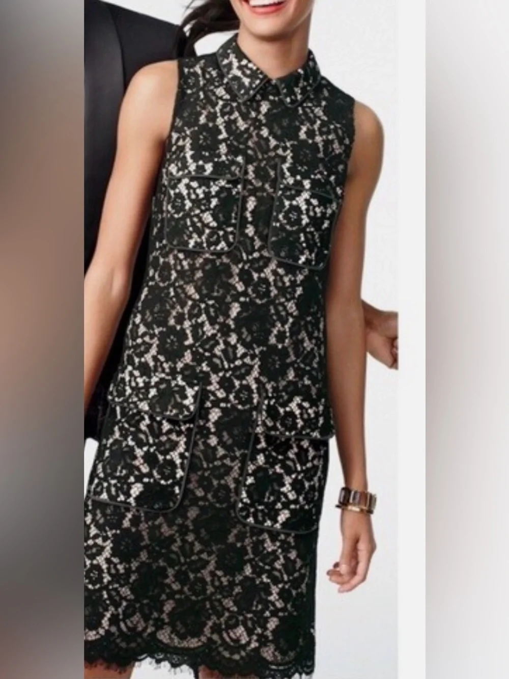 J.Crew Black Lace Cocktail Dress Scalloped Nude Lining Sleeveless Pockets Size 2